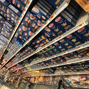 a large section of shelves with food items