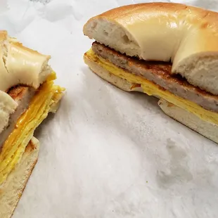 Sausage,  Egg, Cheese on a plain, toasted Bagel.