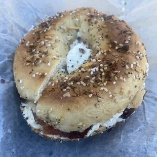 Everything Bagel with Cream Cheese and Bacon