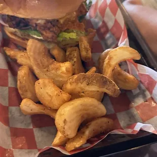 Rickey Ricebird burger with beer battered fries