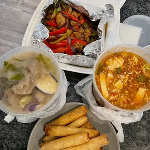 Sizzling Sisig, Sinigang Baka, Hot and Sour, and Lumpia Shanghai