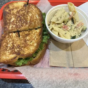 Portabella Porter Sandwich and pasta salad