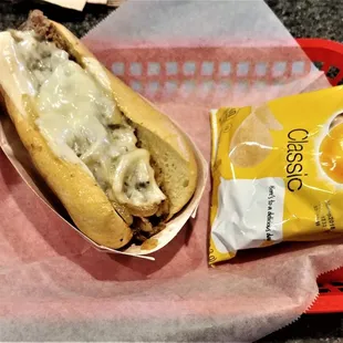 This is their Highrail sandwich, which is a Philly Cheese steak, but did it without mushrooms due to allergy.  Photo taken July 29, 2018.