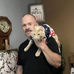 NOT adopted at Southern Arizona Cat Rescue because THEY WOULD NOT ALLOW ME TO ADOPT FROM THEM. Nuttall showing his 'Merica pride with daddy.