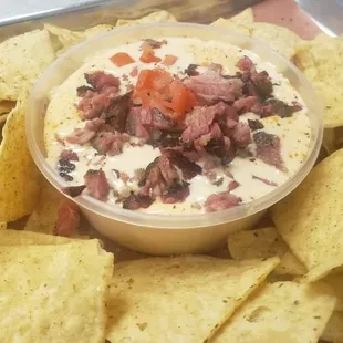 a bowl of dip and chips