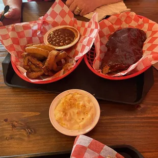BBQ Ribs - Half Slab, mac and cheese, baked beans, and onion rings!
