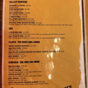 the menu and prices