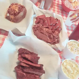 Family Pack for 6-8 People (Brisket, Ribs, and Sausage, Sides: Potato Salad, Cole Slaw, Mac and Cheese, and Mashed Potatoes)