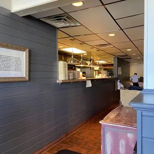 a view of a restaurant counter