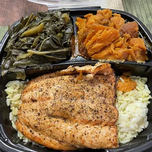 Grilled Salmon Collard Greens Candied Yams Rice