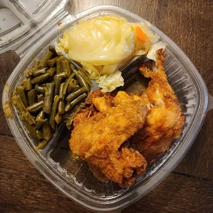 fried chicken, green beans, and mashed potatoes