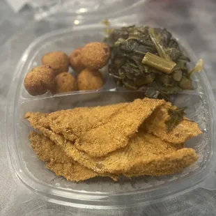 2 piece Whiting with greens and hush puppies