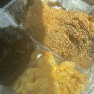 Lake Trout, mac &amp; cheese, collard greens, and sweet potatoes