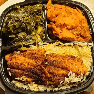 1&apos;19&apos;2022 Blackened Catfish w Collards and Yams.