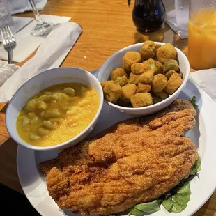 Catfish Brunch Meal with macaroni and cheese and fried okra