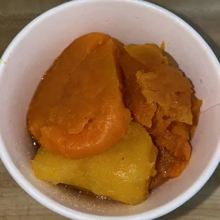 Unseasoned sweet potatoes with yams. An extremely small and pricey side.