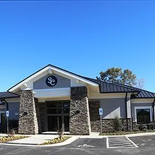 Partial front view of the building