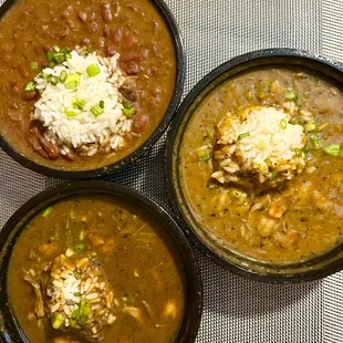 To go orders of Red beans &amp; rice side, crawfish etouffe side, seafood gumbo side