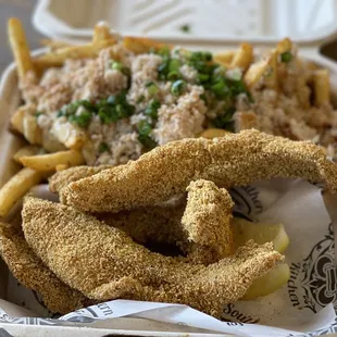 50/50 catfish and shrimp with crab cajun fries
