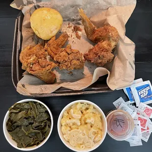3 fried wing dinner, cornbread roll, mac &amp; cheese, and collards.  Wings and mac &amp; cheese were exceptionally good.  $16
