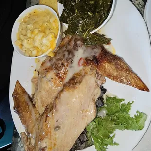 Smothered Turkey Wings,  collard greens, and mac n cheese