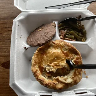 one of the daily lunch specials (chicken pot pie, country green beans, sweet item, and a drink)