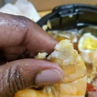 Pay attention to how Their EXTREMELY OVERCOOKED SHRIMP DISSOLVED INTO A MASHED POTATO LIKE MUSH...
