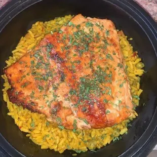 Honey salmon and yellow rice