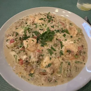 Shrimp, andouille and grits.