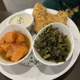 Fried Pork Chop w/ Candied Yams, Collard Greens