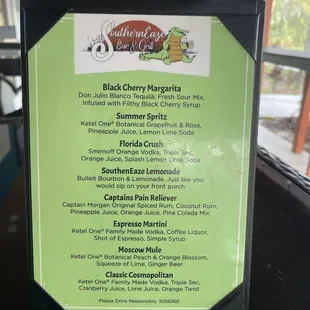 Drink menu