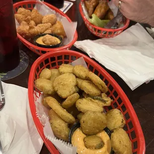 Fried Pickles with Cajun Mayo, corn nuggets and wings