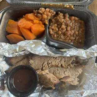 Meat plate: lean brisket, sweet potato and baked beans
