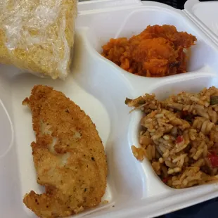 $4 total for corn bread, fried catfish fillet, dirty rice and sweet potato