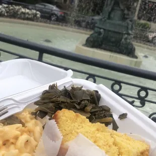 Fried chicken, corn bread, Mac and collard greens