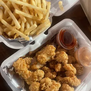 KOREAN CHICKEN NUGGETS AND FRIES.