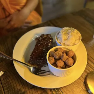 BBQ Beef Short Ribs with mashed potatoes and fried okra