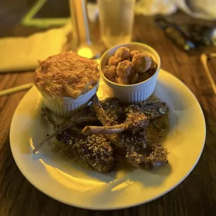 Grilled New Zealand Lamp Chops with fried okra and Mac n cheese