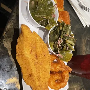 Fried fish and shrimp .. greens and cornbread!! DELICIOUS