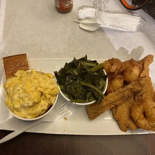 Catfish, Shrimp, Greens, with Mac/Cheese.