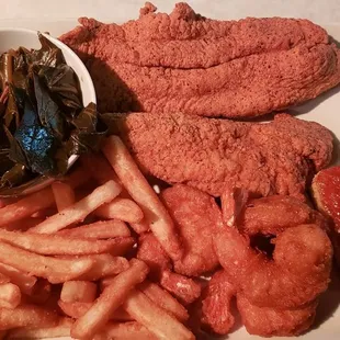 Catfish, fries, collard greens, cornbread