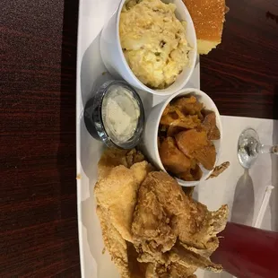 Fried  wings , catfish, Mac n cheese, yams cornbread