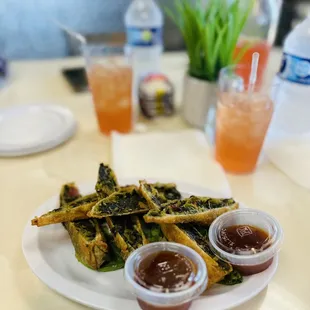 Collard green egg rolls and peach tea lemonade