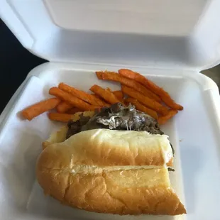 Philly cheesesteak and sweet potato fries!