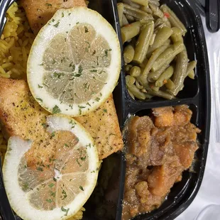Lemon herb salmon, green beans, candied yams
