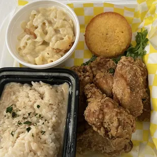 Mac and cheese, rice and gravy , cornbread and winglets