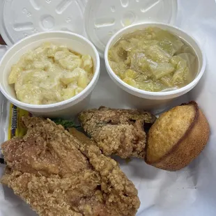 Fried chicken - 2 piece white meat  Cabbage Macaroni &amp; cheese