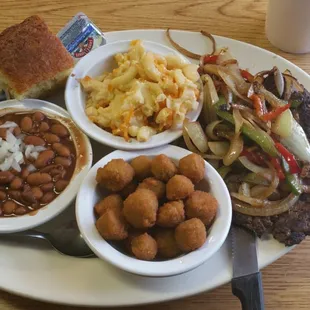 When it&apos;s good, it&apos;s good.  Same as last time - 8oz hamburger steak with peppers/onions, fried okra, pintos, mac n cheese