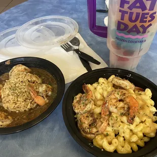 1. Gumbo with grilled shrimp  2. Max n cheese, creamy cajun garlic sauce with grilled shrimp   Fat Tuesday Rocket Full for the win