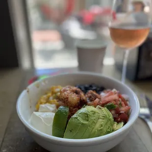 Shrimp bowl + Rose=perfect Sunday brunch